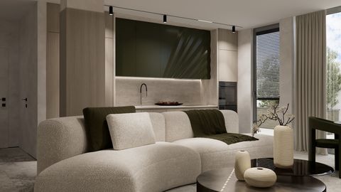 Living room with integrated kitchen in cream and olive tones