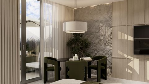 Dining corner with pendant lamp and stone wall